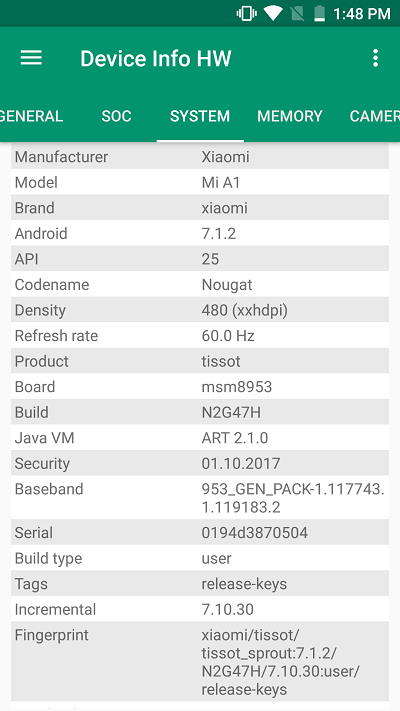 Xiaomi a1 device info hw 3