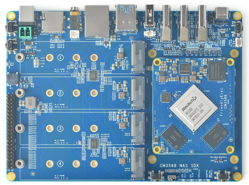 FriendlyELEC CM3588 NAS Kit features x4 M.2 KeyM 2280 PCIe Gen 3 x1